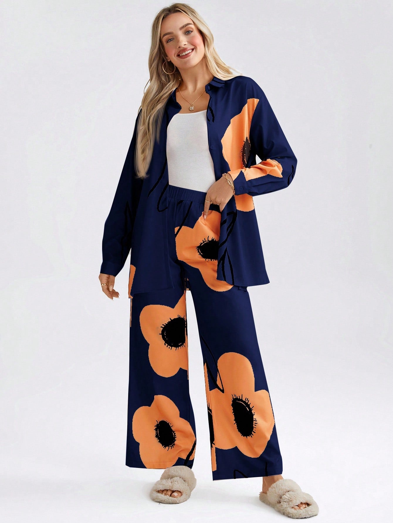 Navy Blue 2pcs Women's Floral Print Long Sleeve Co-ord Set