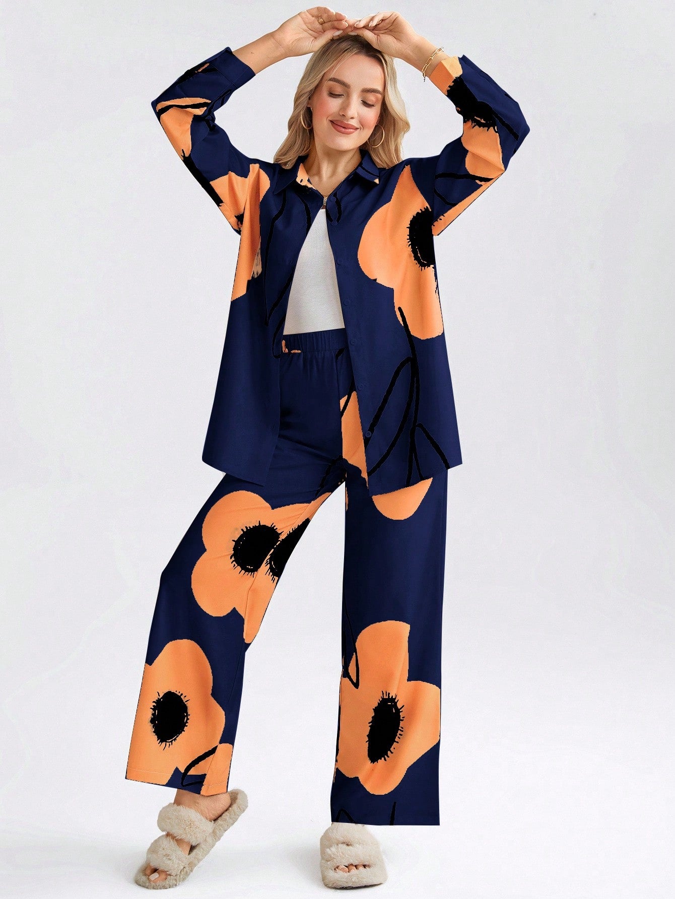 Navy Blue 2pcs Women's Floral Print Long Sleeve Co-ord Set