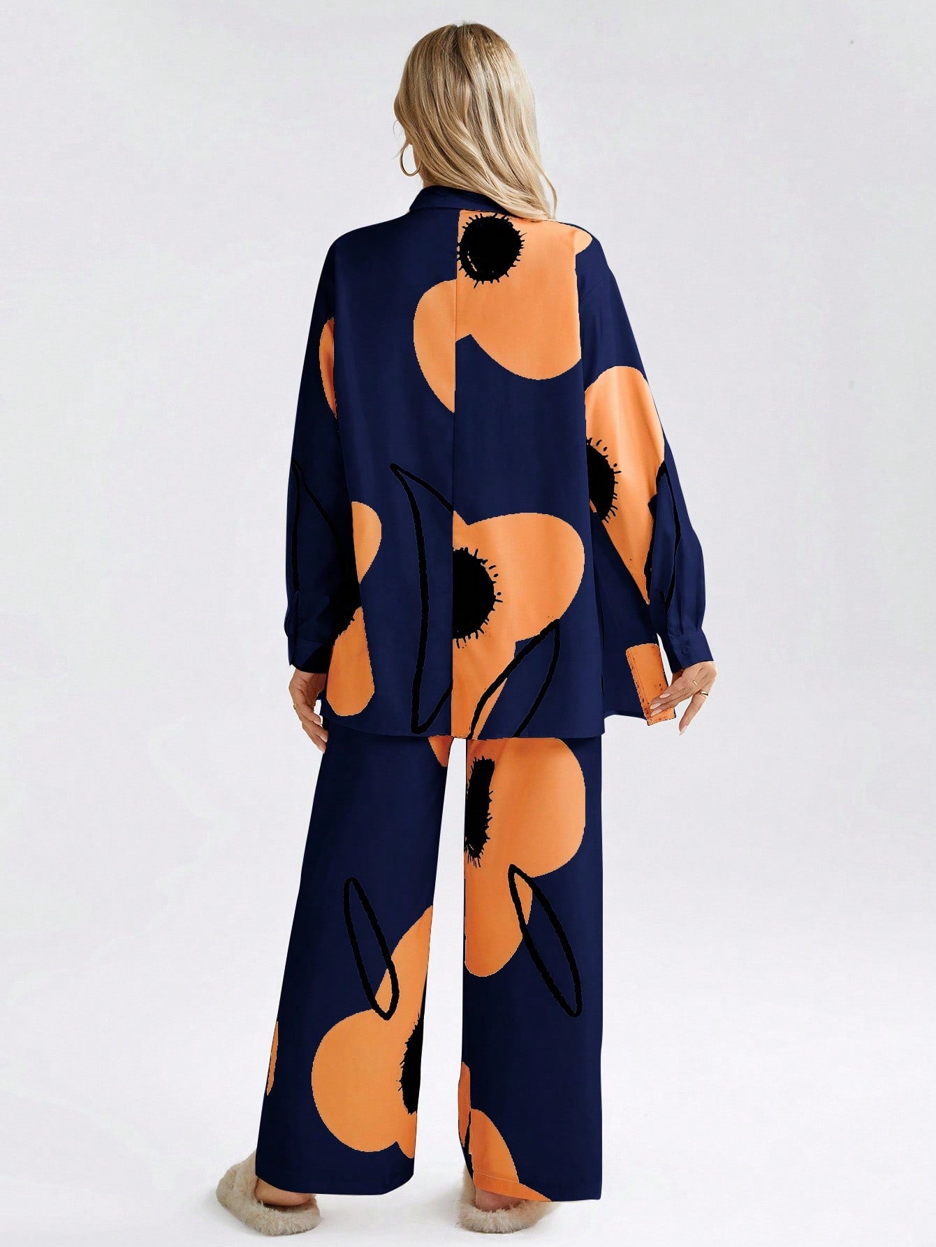 Navy Blue 2pcs Women's Floral Print Long Sleeve Co-ord Set