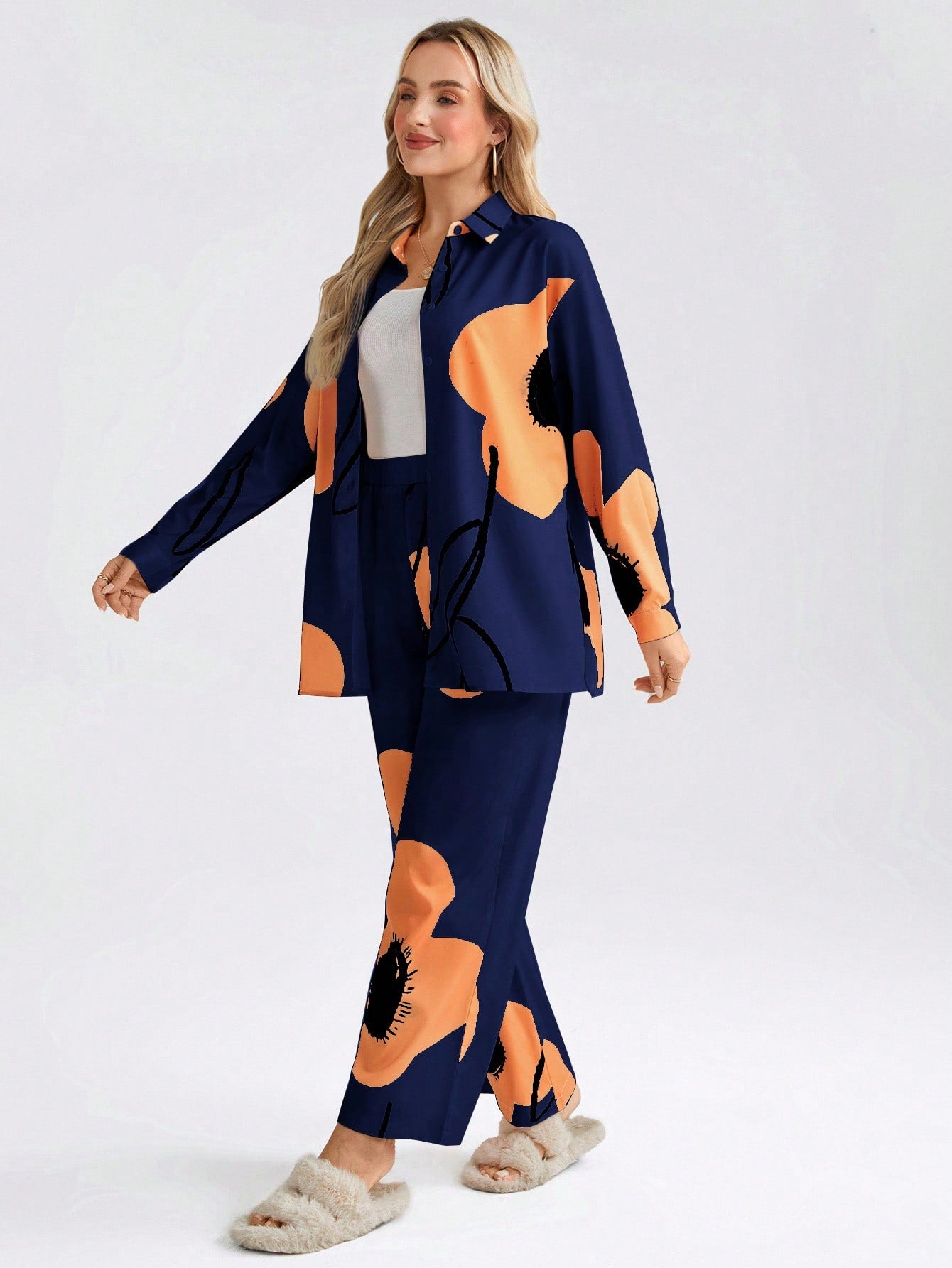 Navy Blue 2pcs Women's Floral Print Long Sleeve Co-ord Set