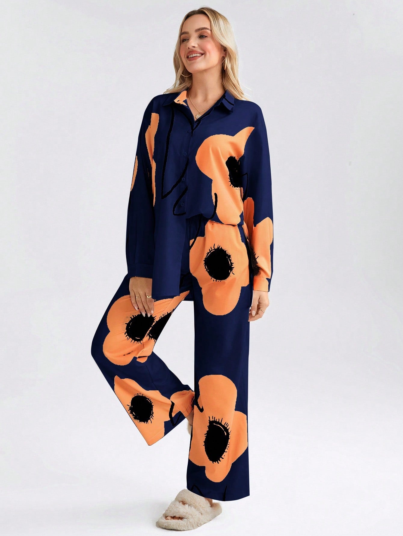 Navy Blue 2pcs Women's Floral Print Long Sleeve Co-ord Set